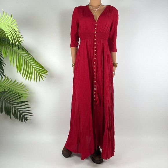 Women's Red Cottagecore Short Sleeve Boho Country Prairie Maxi Dress / XS - Picture 5 of 5